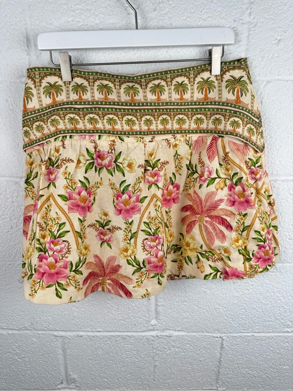 FARM Rio Palm Dream Mini Skirt Large Floral Linen Wrap Bamboo Buckles NWT